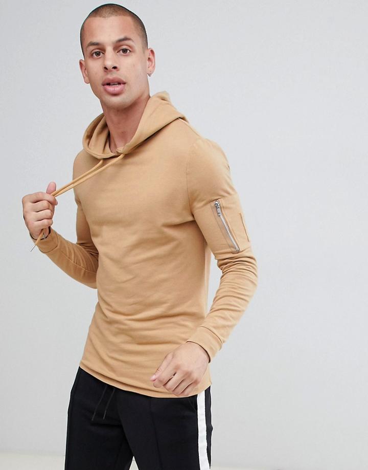 Asos Design Muscle Longline Hoodie With Ma1 Pocket And Curved Hem In Beige - Beige