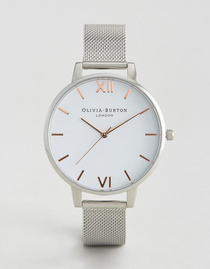 Olivia Burton Silver Large White Dial Mesh Watch - Silver