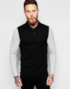 Asos Long Sleeve Pique Muscle Polo With Contrast In Black - Black