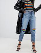 Monki Rainbow Heart Knee Mom Jeans In Blue - Blue