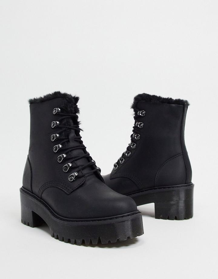 Dr Martens Leona Fluff Lined Heeled Ankle Boots In Black