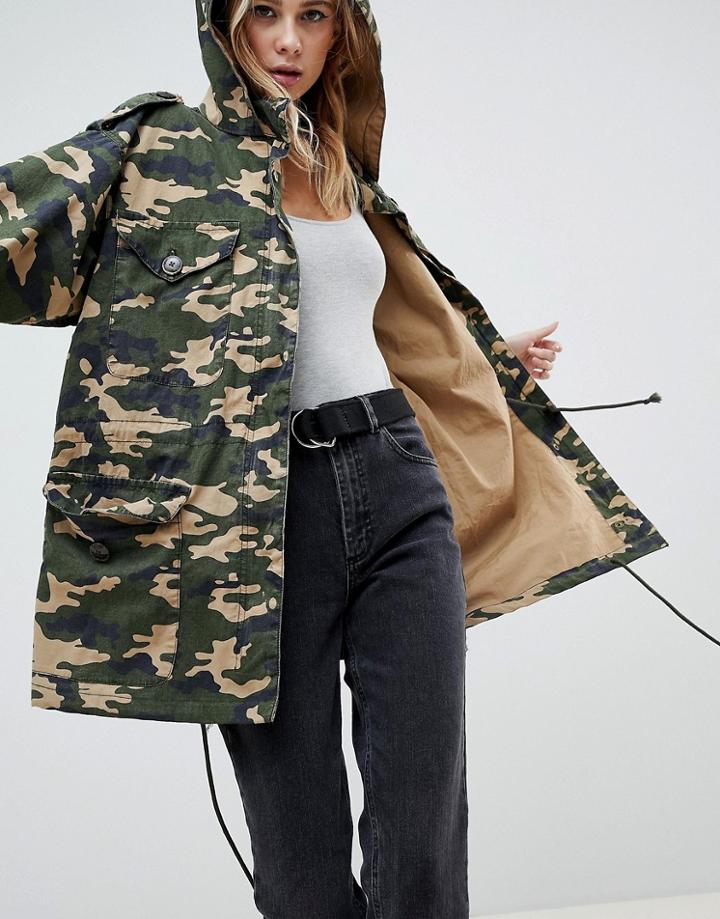Asos Design Camo Embellished Parka - Multi