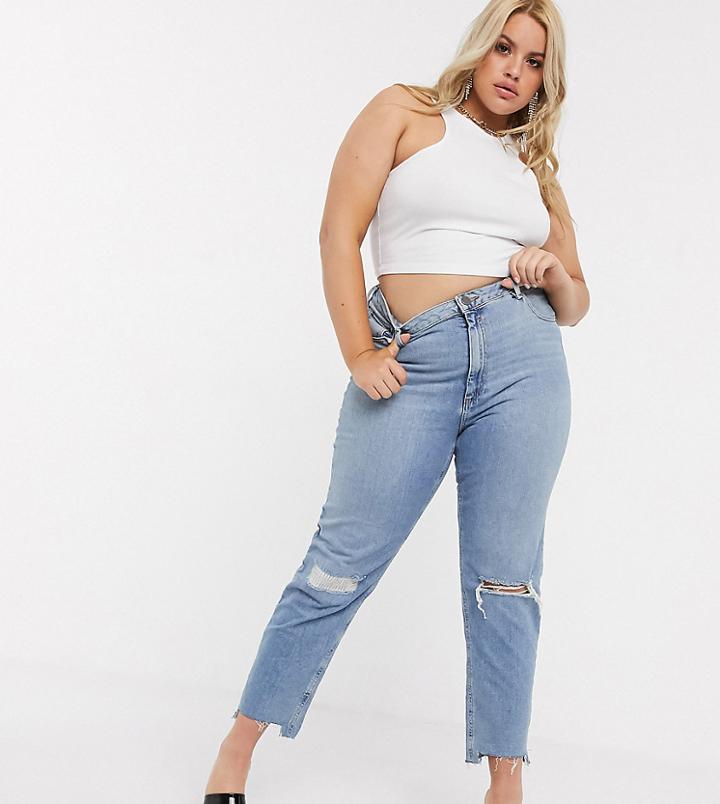 Asos Design Curve High Rise Farleigh 'slim' Mom Jeans In Light Vintage Wash With Busted Knee And Rip & Repair Detail-blue