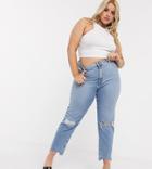 Asos Design Curve High Rise Farleigh 'slim' Mom Jeans In Light Vintage Wash With Busted Knee And Rip & Repair Detail-blue