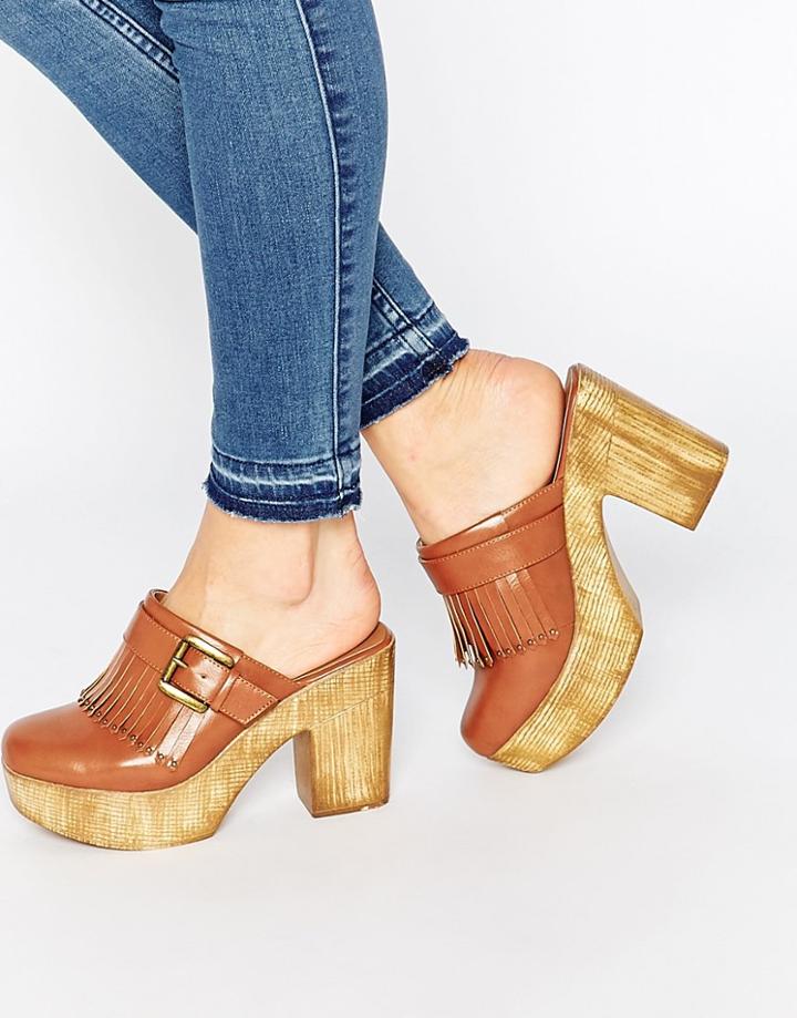 Truffle Collection Kiltie Platform Clog Mules - Tan Pu