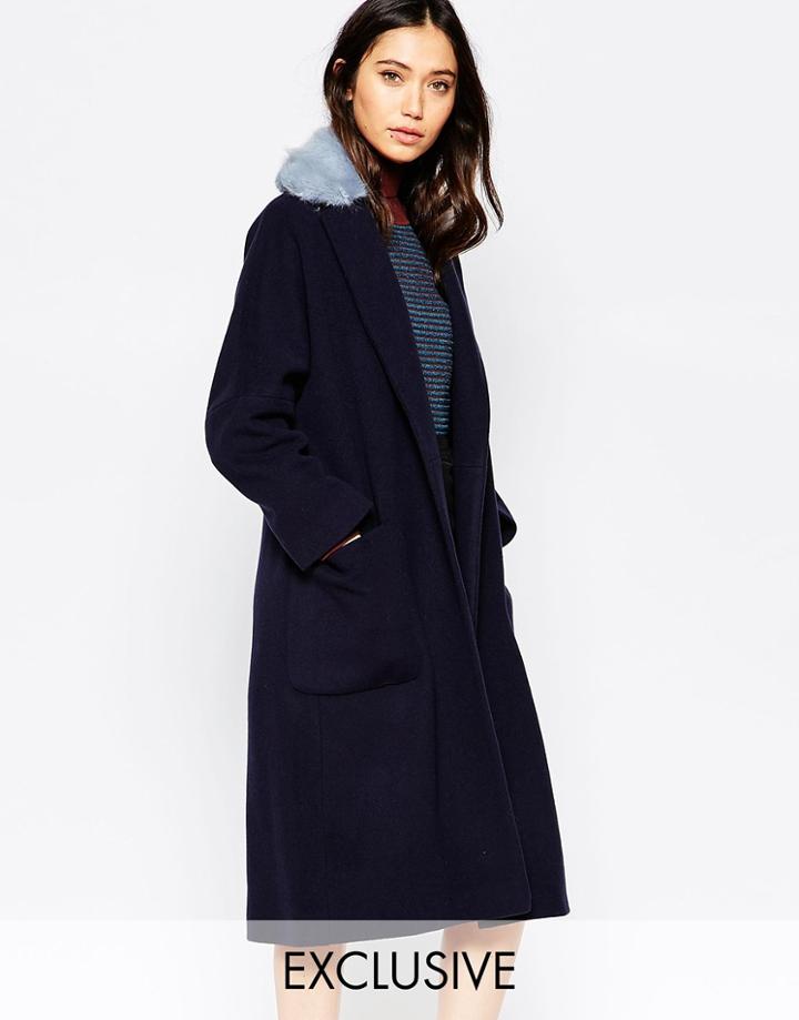 Helene Berman Navy Oversized Edge To Edge Coat With Pale Blue Faux Fur Collar
