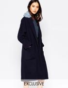 Helene Berman Navy Oversized Edge To Edge Coat With Pale Blue Faux Fur Collar