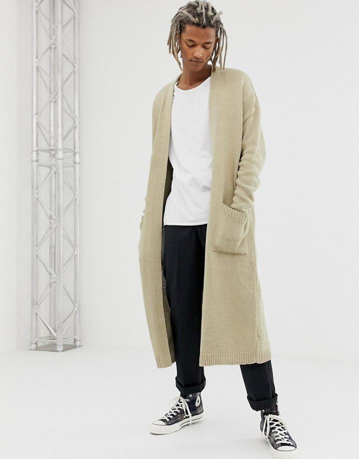 Asos Design Knitted Long Line Cardigan In Oatmeal Twist - Beige