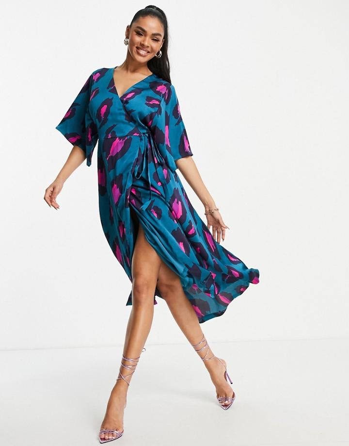 Liquorish Midi Wrap Dress In Blue Leo Print-multi