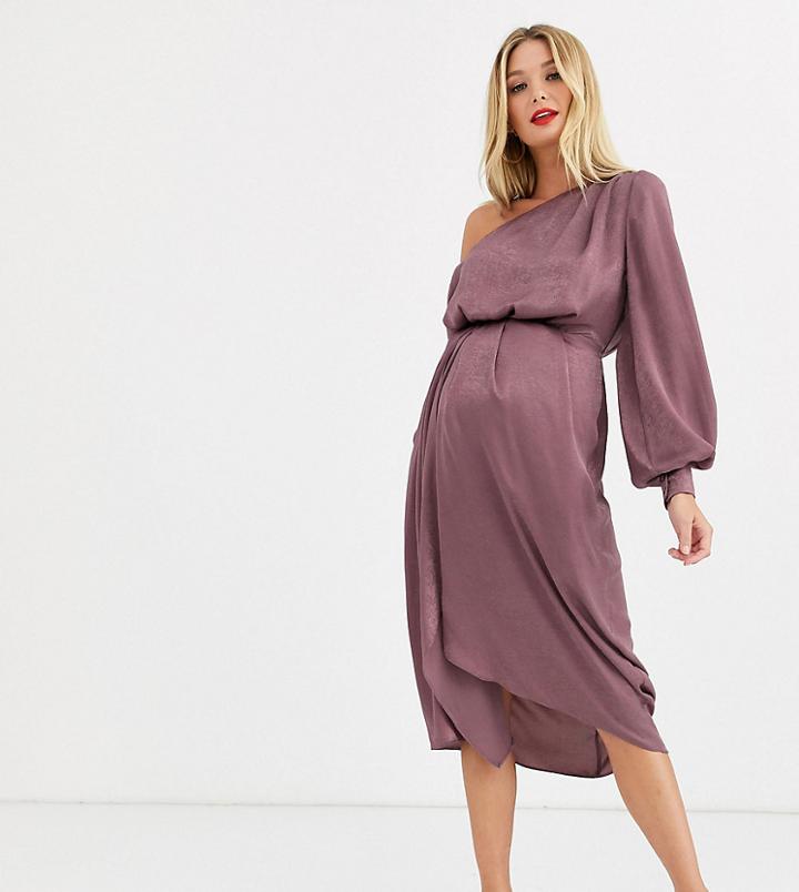 Asos Design Maternity One Shoulder Blouson Midi Dress In Washed Satin - Orange