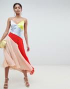 Asos Design Maxi Dress With Pleat Hem In Color Block - Multi