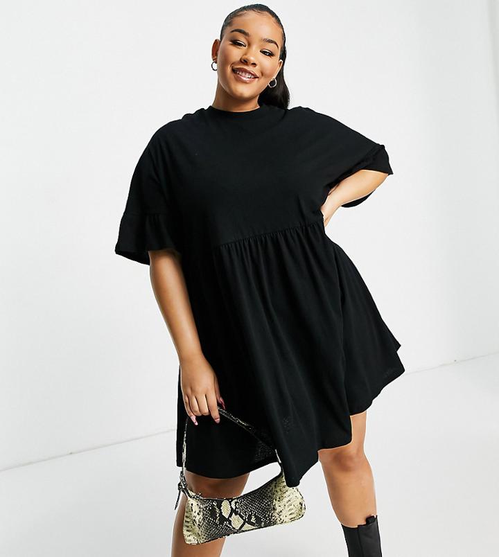 Asos Design Curve Super Oversized Frill Sleeve Smock Dress In Black