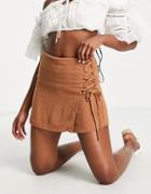 Stradivarius Rustic Skort With Lace Up Detail In Chocolate-brown