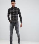 Asos Design Tall Skinny Check Shirt In Khaki - Green