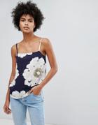 Warehouse Oversized Floral Print Square Neck Cami - Navy