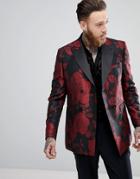Asos Skinny Double Breasted Blazer In Red Floral Jacquard - Black