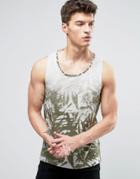 Solid Tank With Drop Armhole In Tropical Print - Green