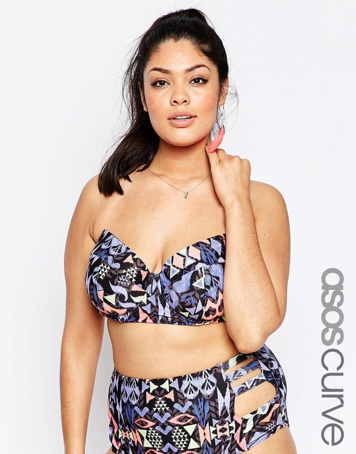 Asos Curve Bright Geo-tribal Print Longline Bandeau Bikini Top - Bright Geo-tribal