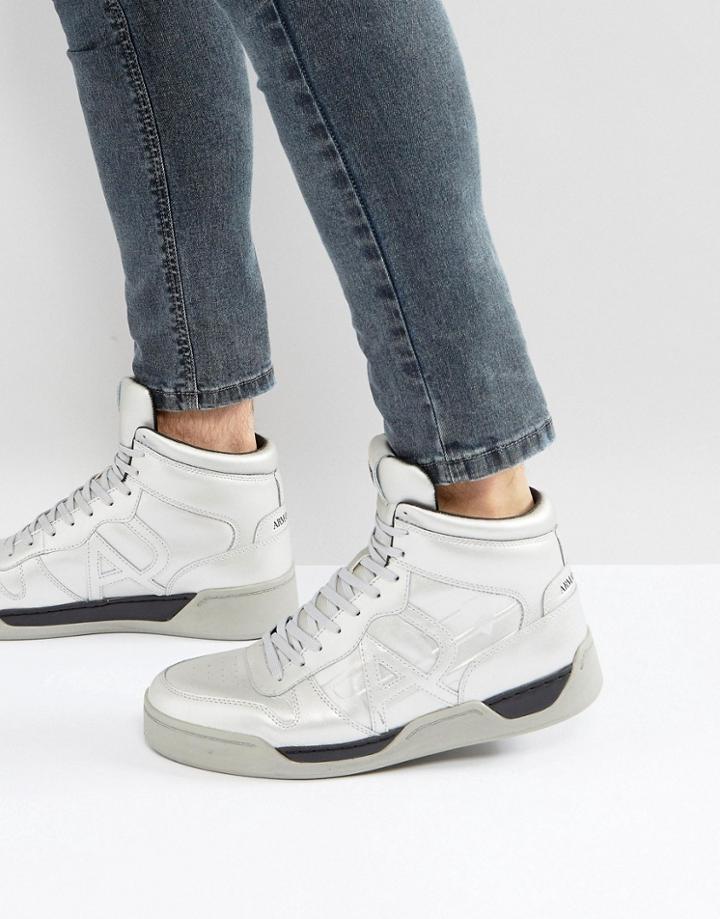 Armani Jeans Silver Logo Hi Top Sneakers - Silver