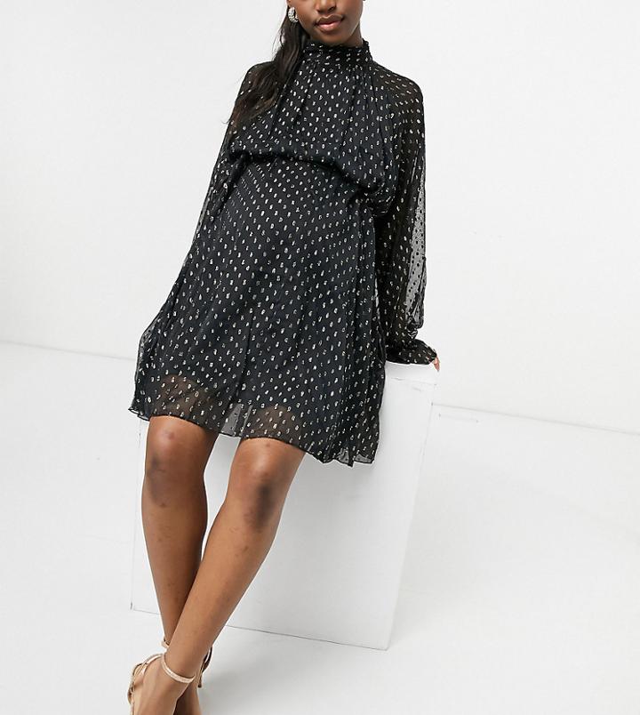 Asos Design Maternity High Neck Mini Dress In Jacqaurd Chiffon With Tie Detail-black