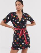 Fashion Union Wrap Dress With Contrast Belt In Poppy Print-black