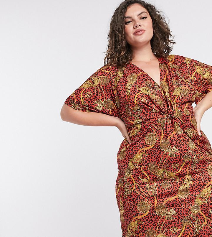 Simply Be Knot Front Dress In Chain Print-multi