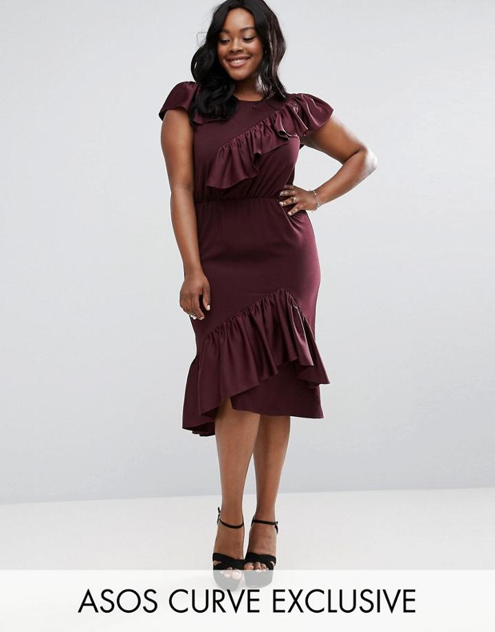 Asos Curve Skater Midi Dress With Asymmetric Ruffles - Red