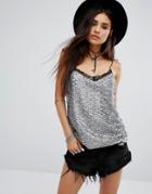 Motel Sequin Cami Senjo Top With Lace Trim - Silver