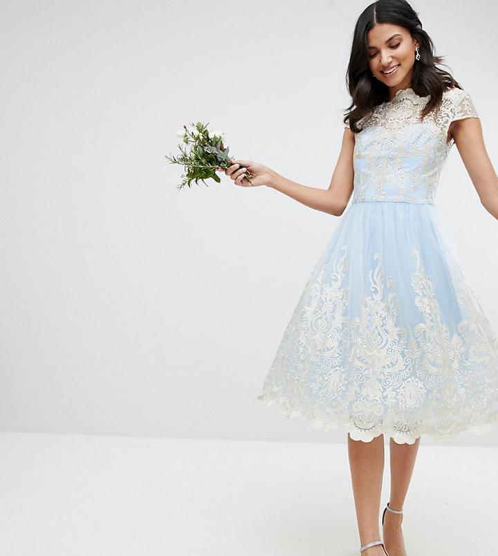 Chi Chi London Tall Premium Lace Midi Prom Dress With Bardot Neck - Blue