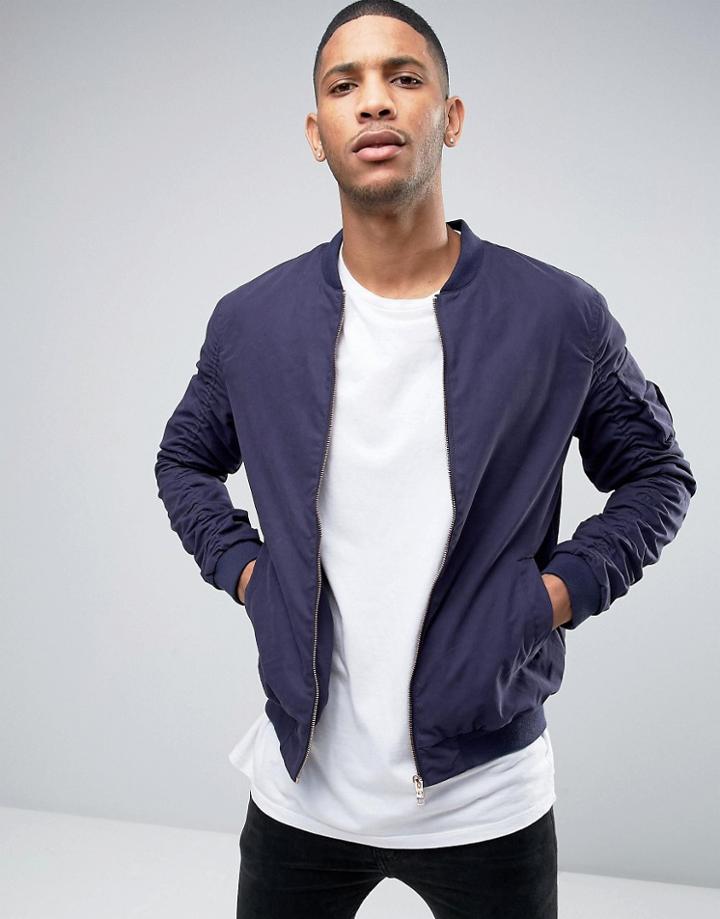 Brave Soul Ruched Sleeve Bomber Jacket - Blue