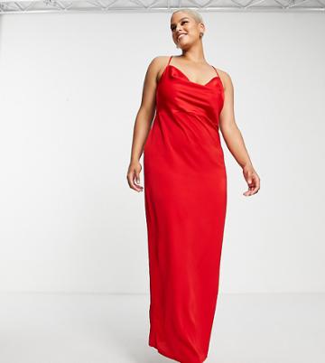 Naanaa Plus Cowl Neck Satin Maxi Dress In Red
