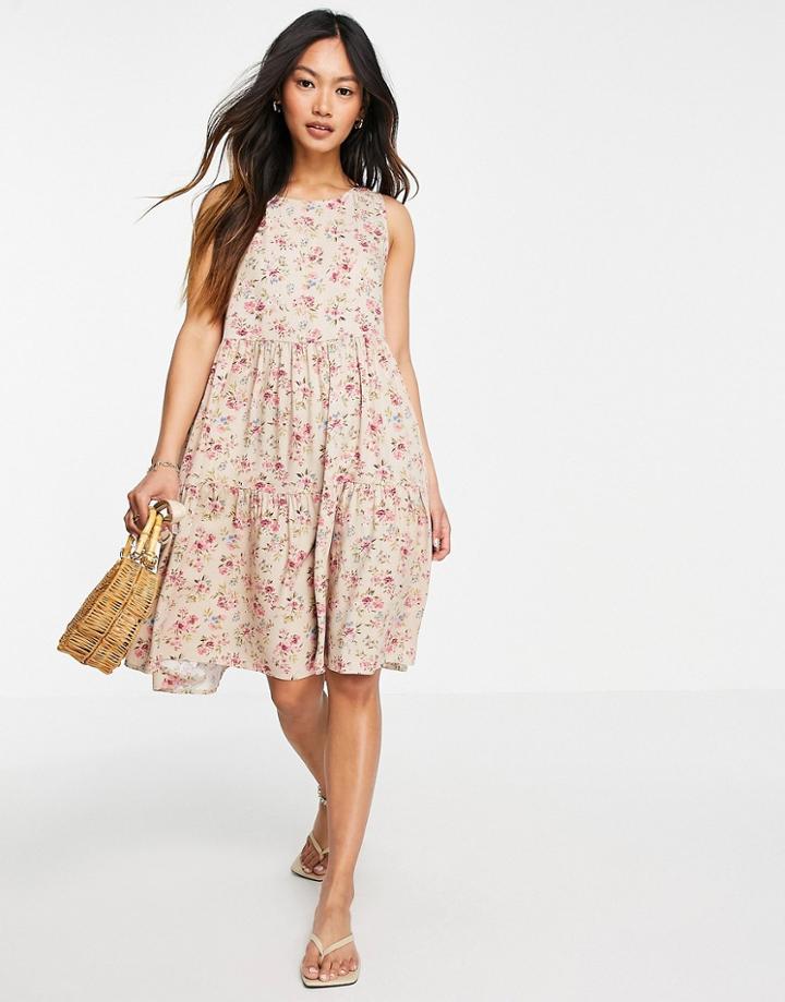 Vila Mini Sleeveless Smock Dress In Pink Floral-multi