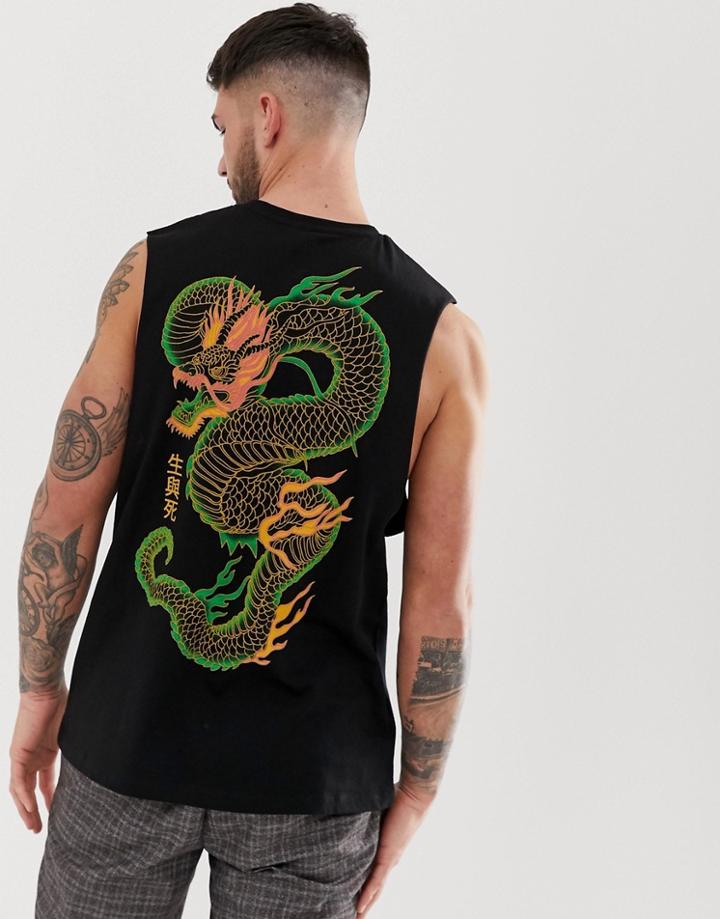 Asos Design Relaxed Tank With Dropped Armhole And Dragon Back Print - Black