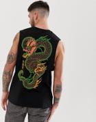 Asos Design Relaxed Tank With Dropped Armhole And Dragon Back Print - Black