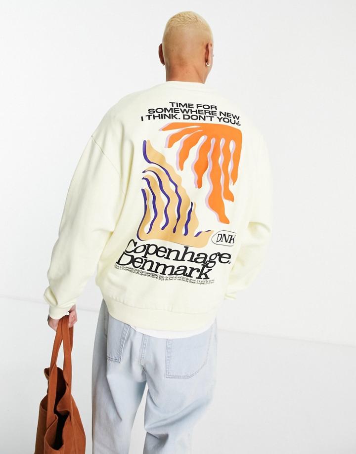 Asos Design Oversized Sweatshirt In Cream With Abstract City Print-white