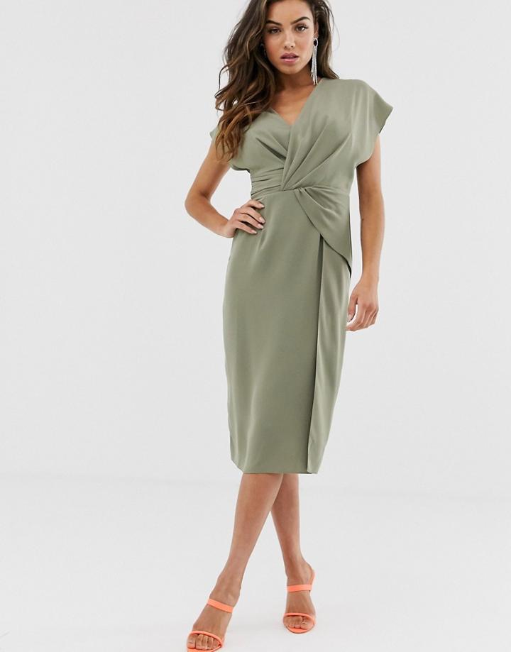 Asos Design Twist And Drape Front Midi Dress-green