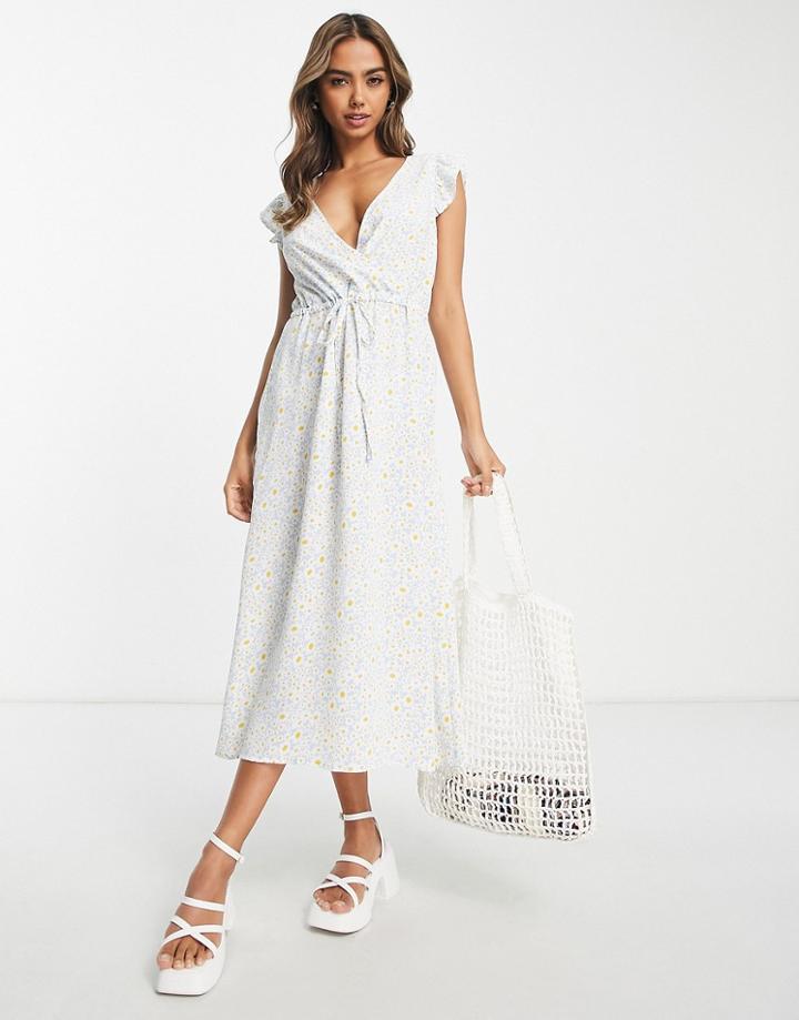 Jdy Frill Detail Wrap Front Midi Dress In Blue Floral