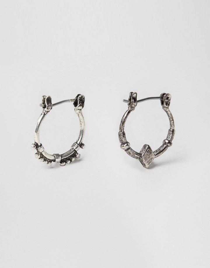 Asos Hoop Earring With Embellishement In Burnished Silver - Silver