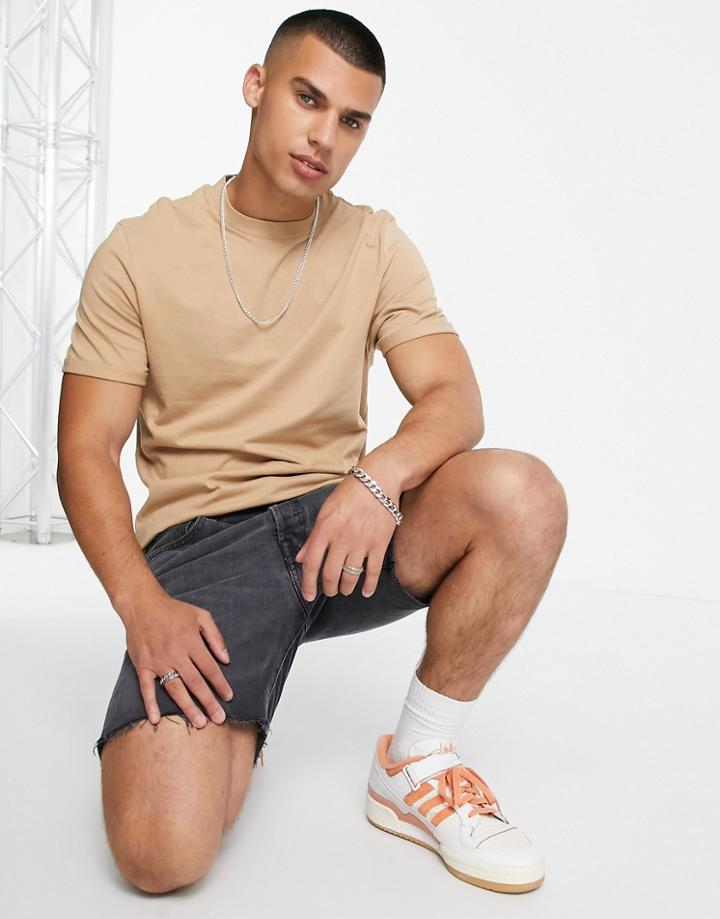 Asos Design Organic T-shirt With Roll Sleeve In Beige-neutral
