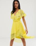 Asos Design Midi Dress With Cape Back And Dipped Hem In Embellishment-yellow