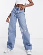 Asos Design Dad Jeans In Mid Blue With Rips