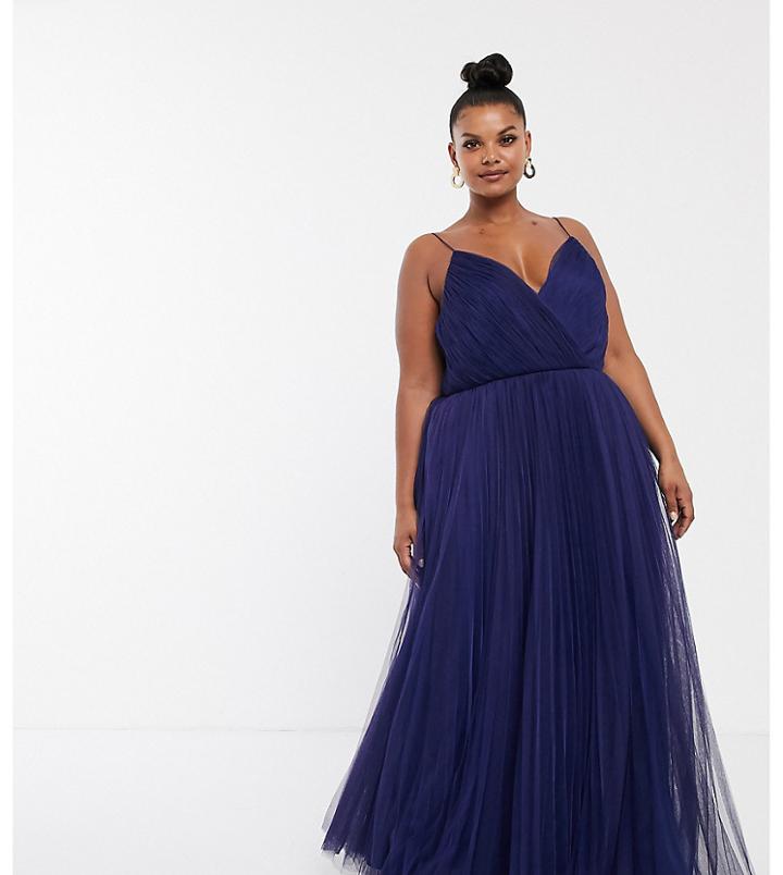 Asos Design Curve Cami Pleated Tulle Maxi Dress-navy