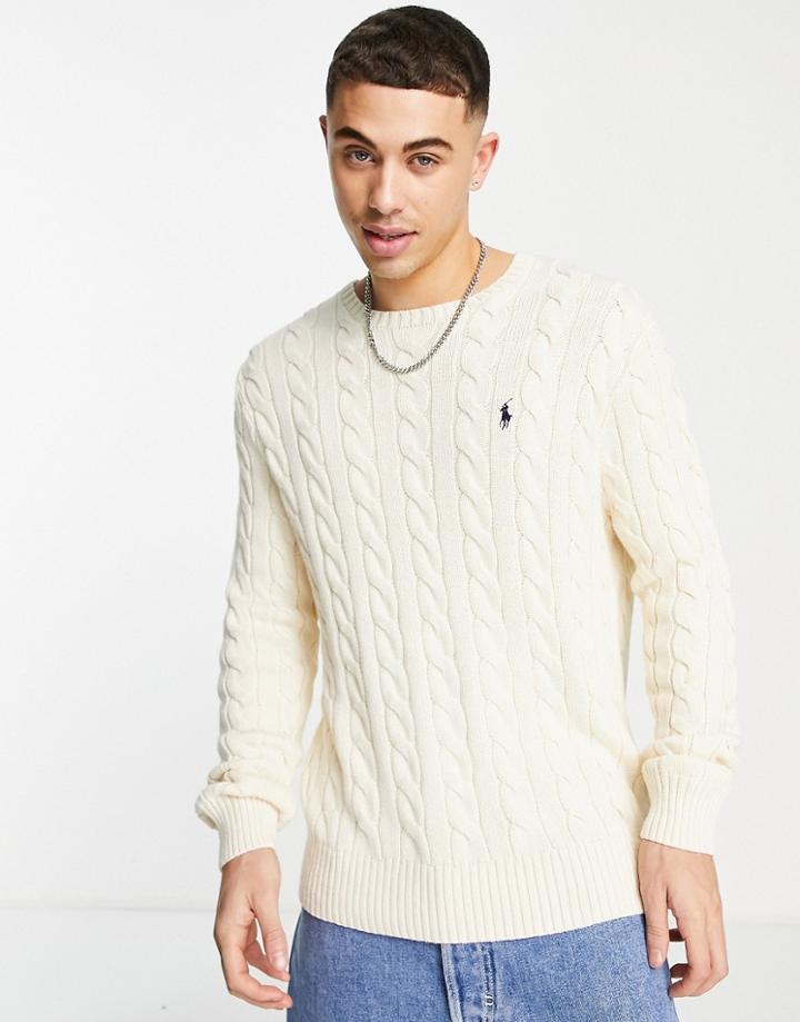 Polo Ralph Lauren Player Logo Roving Cotton Cable Knit Sweater In Cream-white