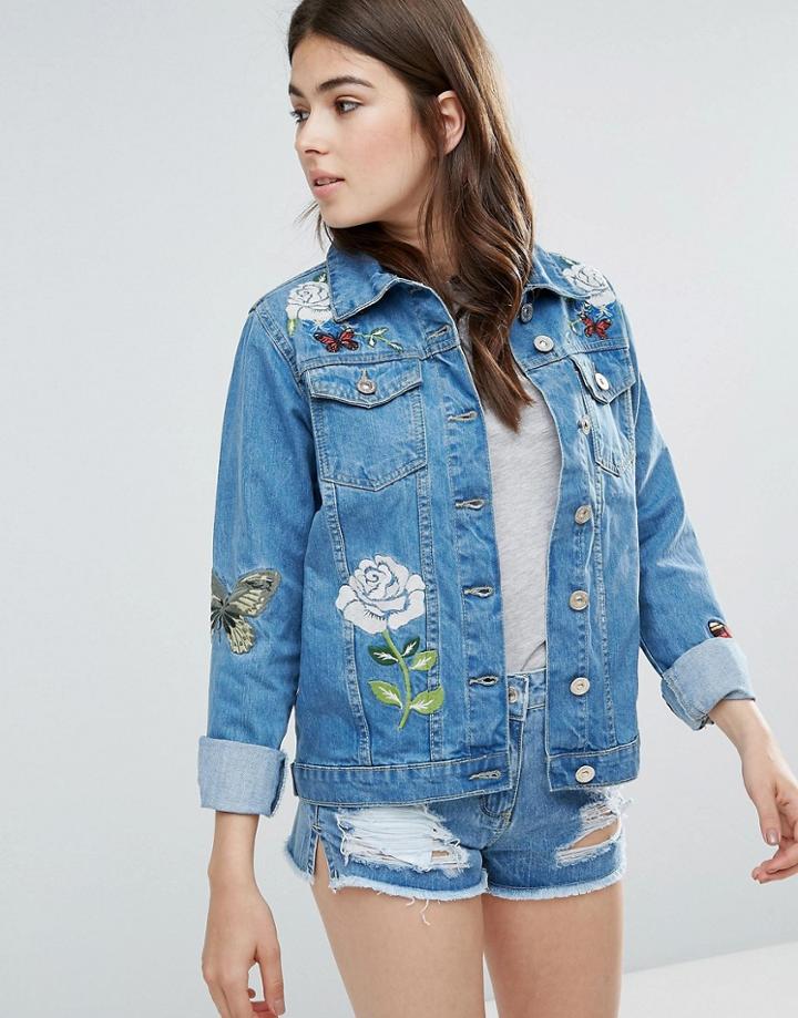 Parisian Embroidered Denim Jacket - Blue