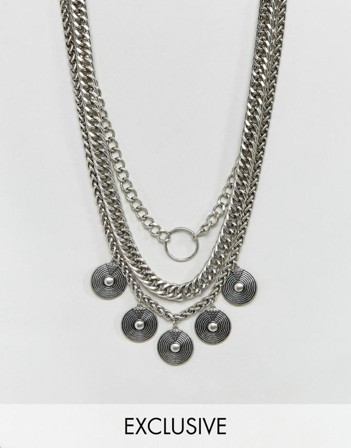 Sacred Hawk Mix Chain & Coin Multirow Necklace - Silver