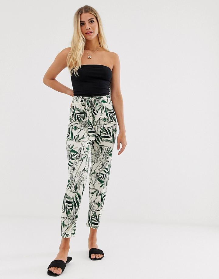 Asos Design Tie Waist Peg Pants In Tropical Palm Print