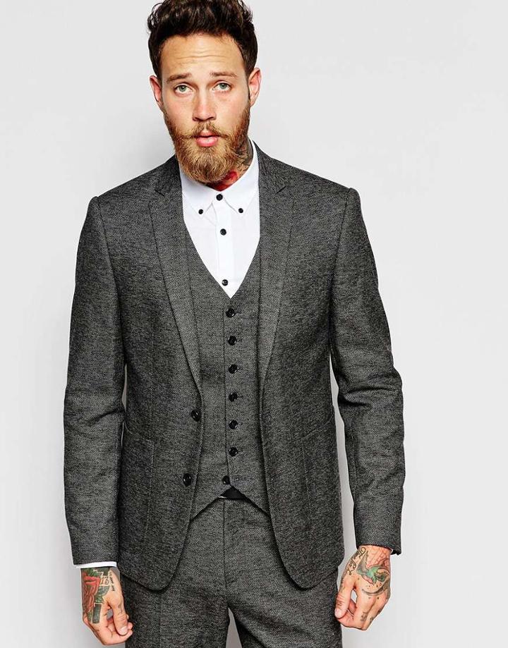 Asos Slim Fit Suit Jacket In Birdseye - Black