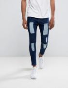 Illusive London Super Skinny Jeans In Dark Wash Blue With Distressing - Blue