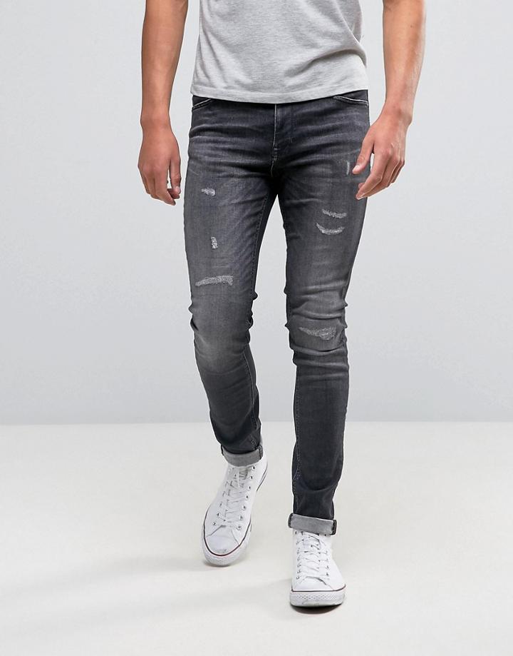 Jack & Jones Intelligence Skinny Fit Jeans In Washed Gray With Rip Rep