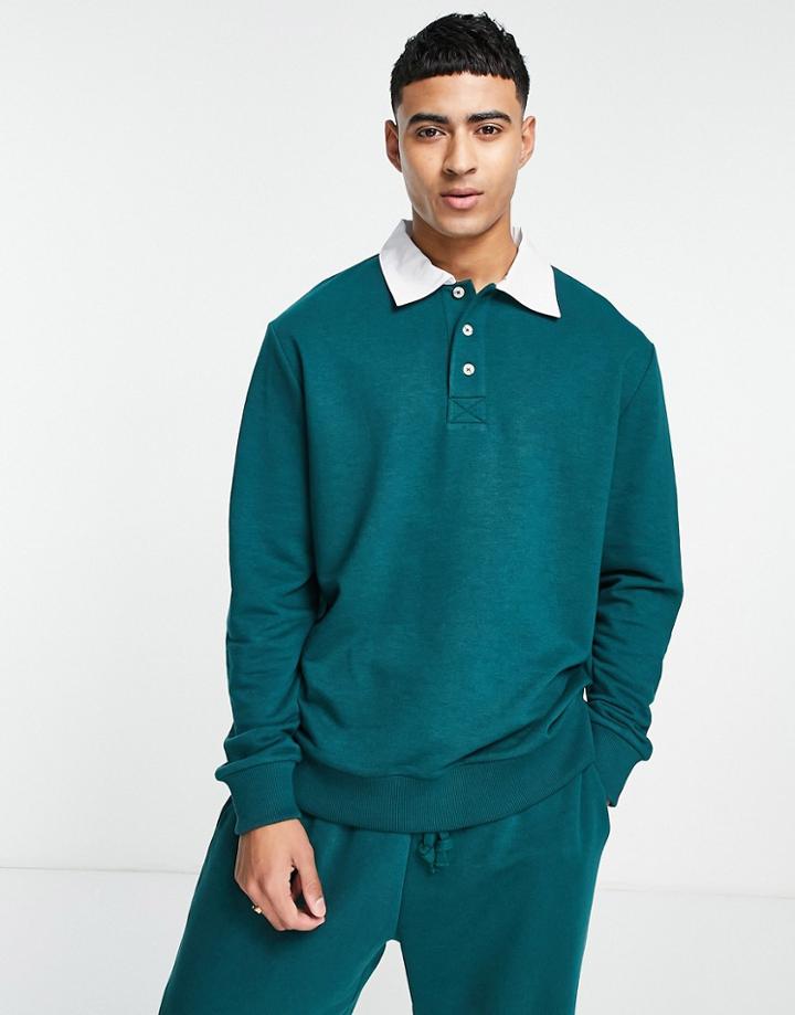 Asos Design Oversized Sweatshirt With Rugby Polo Neck In Green - Part Of A Set